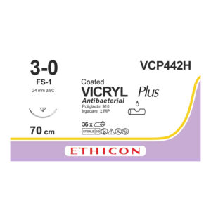 Вікрил Плюс (VICRYL Plus) Антибактеріальний 3-0, звор-ріж. прайм косметична 24мм, 3/8 кола, незабарвлений, 45см, 1шт.