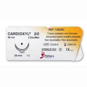 Нитка, що не розсмоктується,CARDIOXYL 2/0 (Етібонд W6767), колючі голки 2х25мм, 1/2 кола, довжина 90 см, зелена